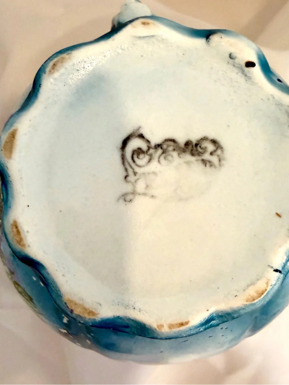 Vintage Turquoise Ironstone Creamer with Pink Rose Motif